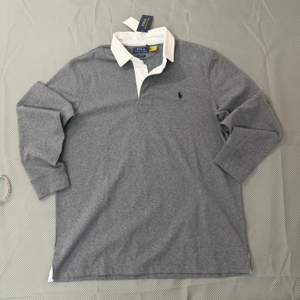 Polo Ralph Lauren The Iconic Rugby Shirt Men L Gray Long Sleeve Classic Fit Pony